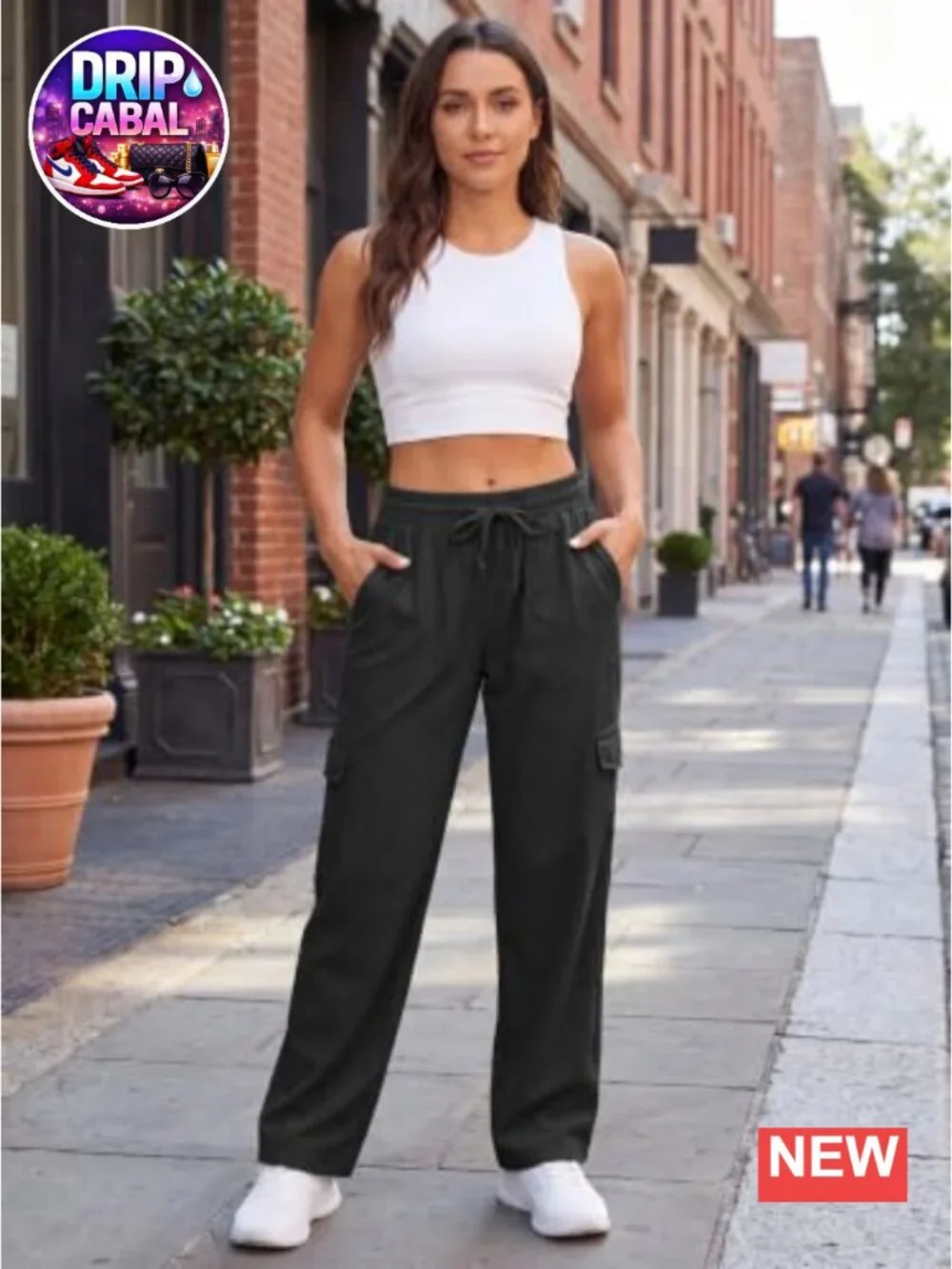 Womens High Waist Wide Leg Cargo Pants with Pockets Drawstring